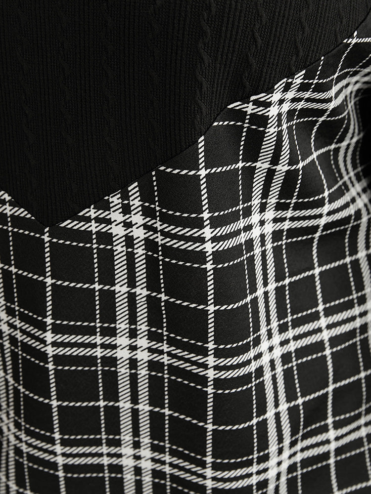 Plaid Patchwork Button Detail Funnel Neck Sweatshirt