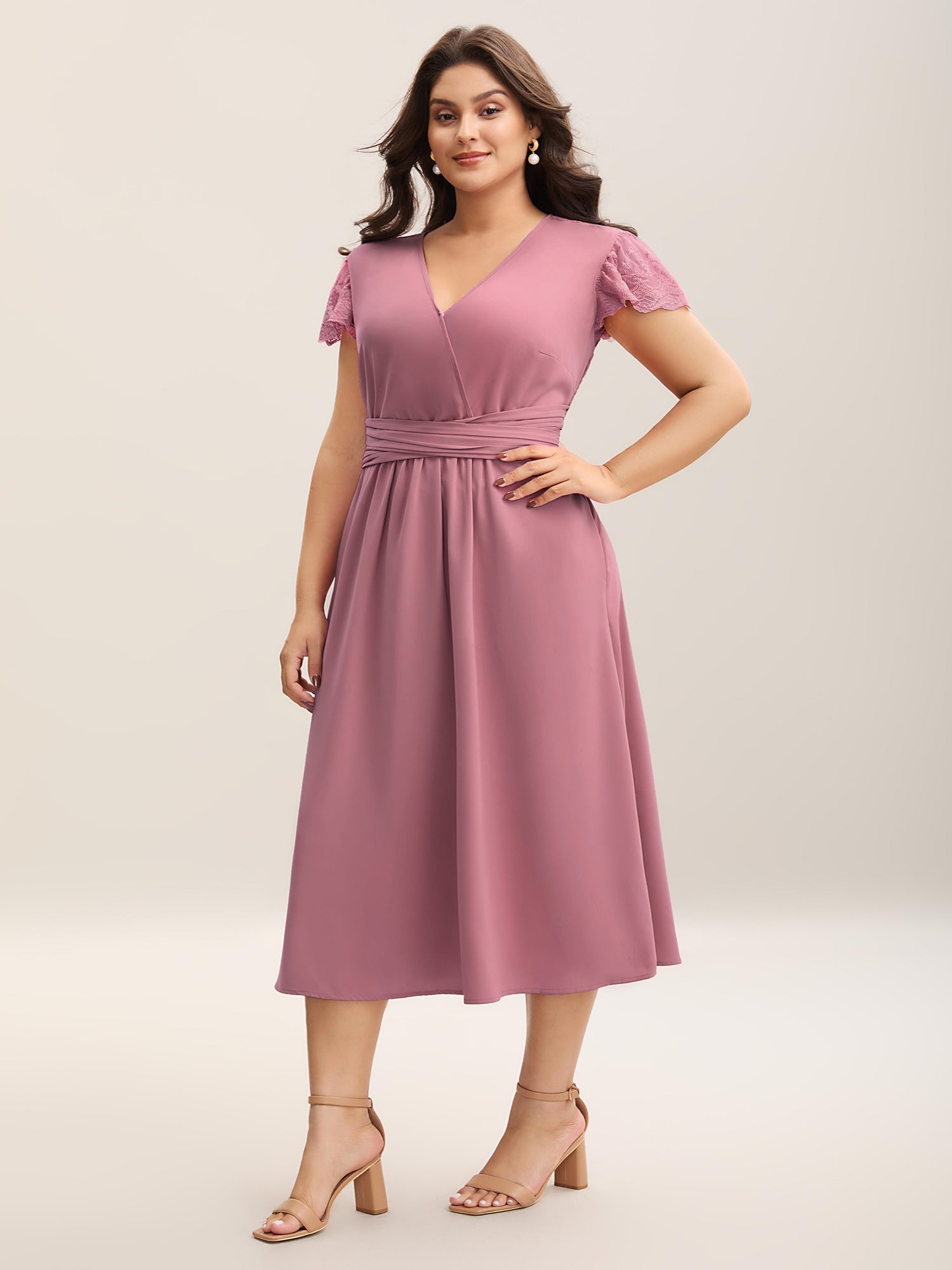 Flutter Sleeve Lace Stretchy Waist Midi Dress