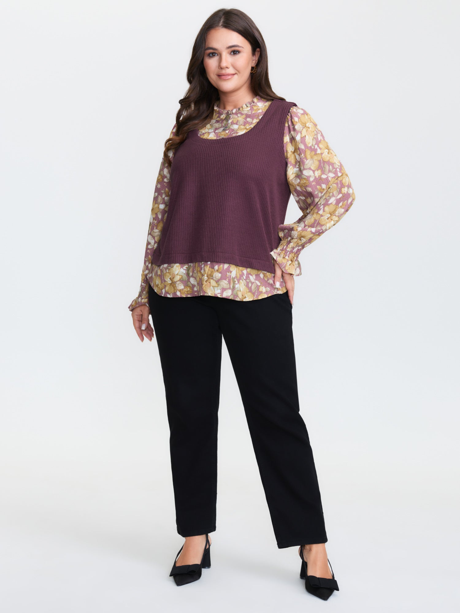 2-in-1 Floral Textured Knit Top