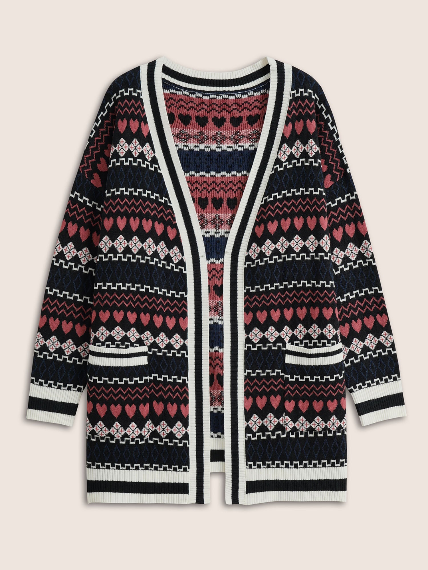 Heart Geometric Jacquard Pocket Cardigan