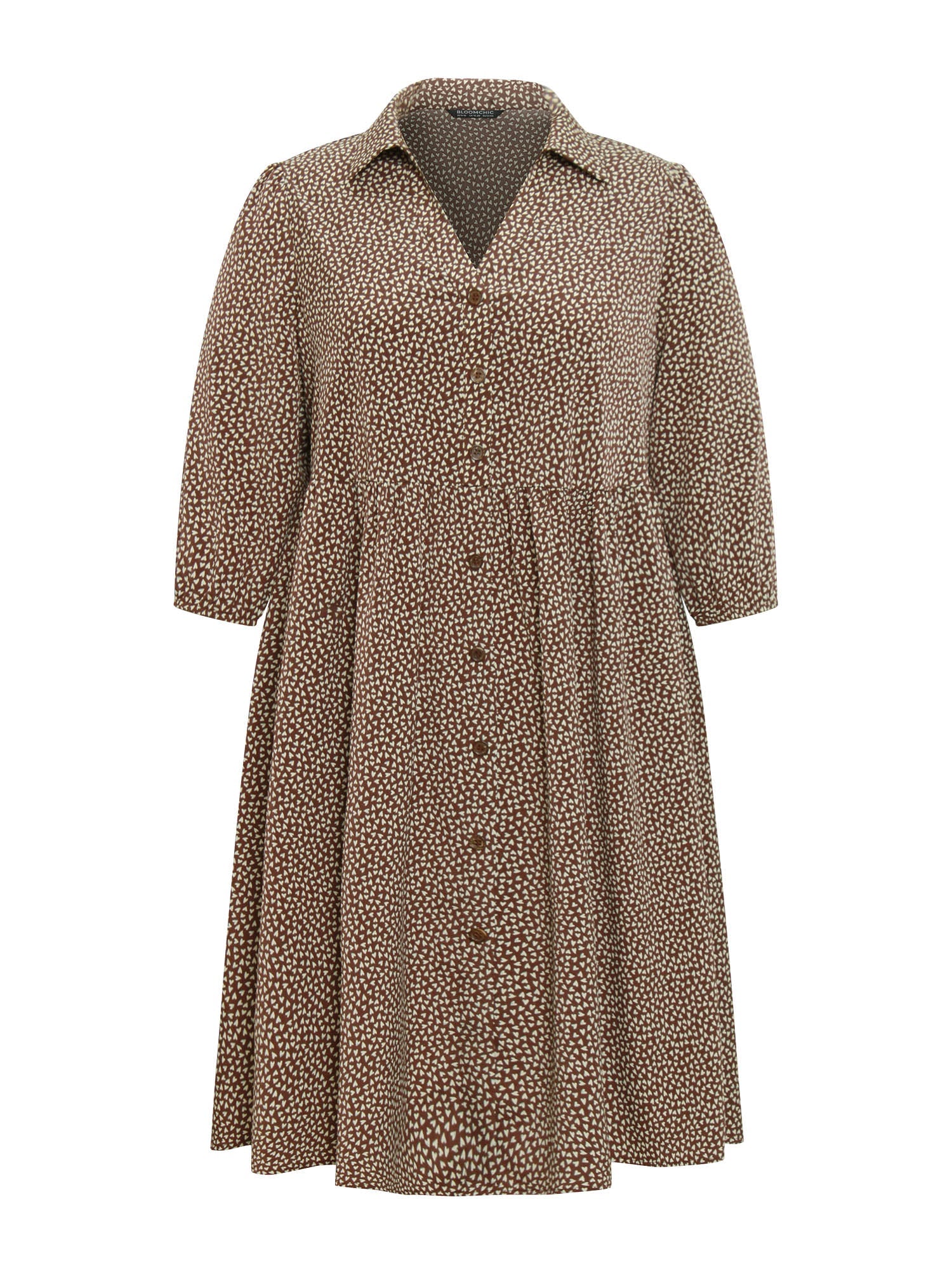 Heart Print Lapel Collar Button Detail Knee Dress