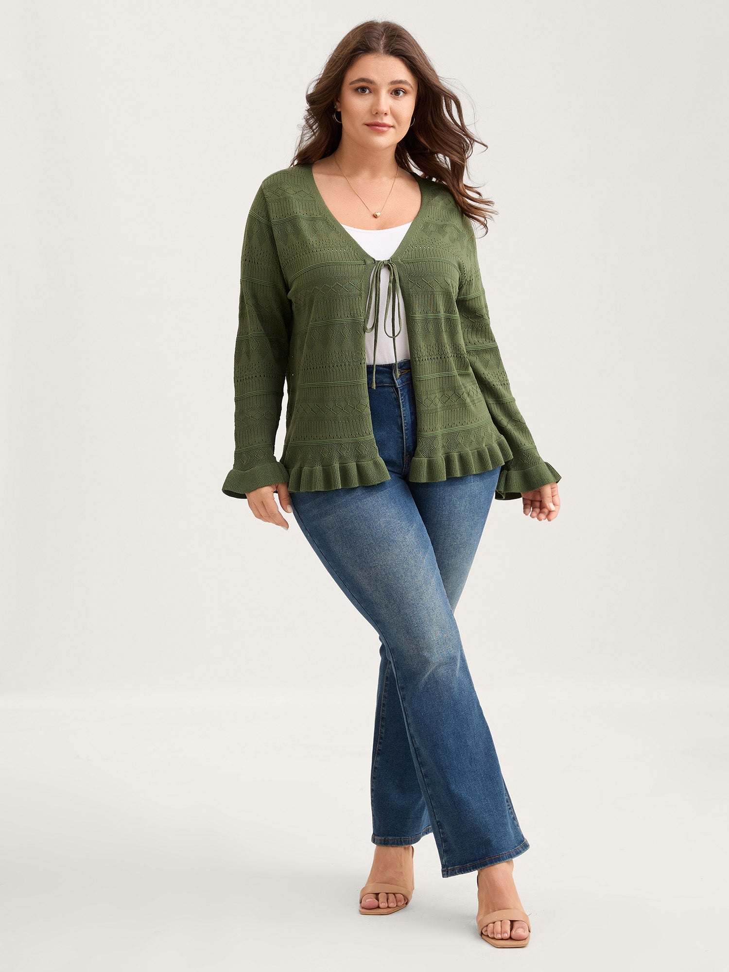 Ruffled Hem Front Tie Textured Lightweight Cardigan