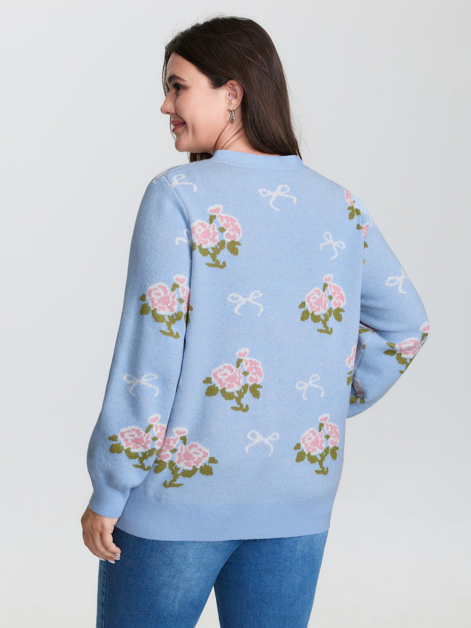 Beautiful Floral Bow Pattern Jacquard Knit Cardigan