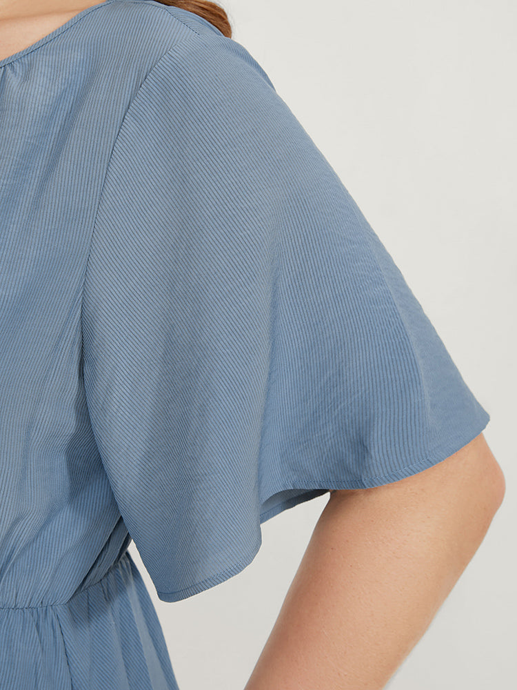 Solid Keyhole Round Neck Pocket Ruffle Trim Rib Knit Dress