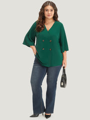 Plain Double Breasted Surplice Neck Flounce Sleeve Blouse