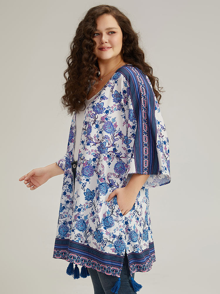 Floral Print Tassels Trim Split Side Kimono