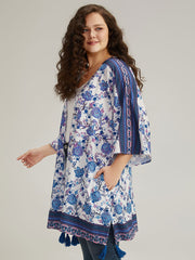 Floral Print Tassels Trim Split Side Kimono