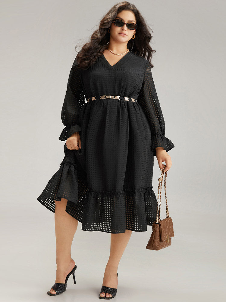 Solid Pocket Mesh Frill Trim Dress