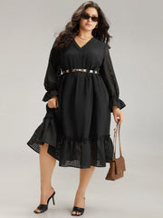 Solid Pocket Mesh Frill Trim Dress