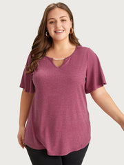 Plain Keyhole Pearl Beaded Flutter Sleeve T-shirt