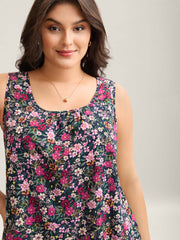 Floral Print Pleated Neck Tank Top