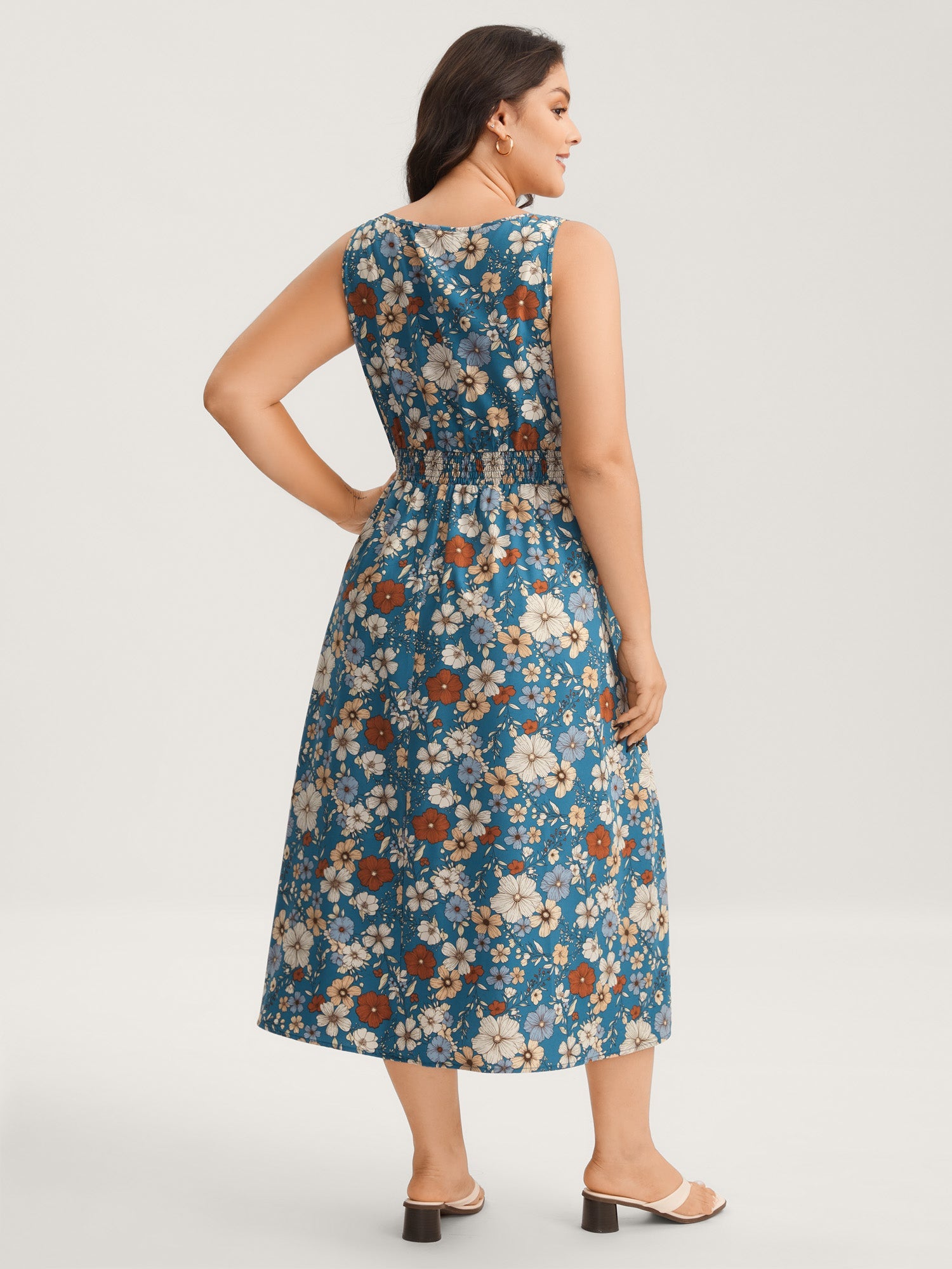 Floral Print Shirred Waist Midi Dress