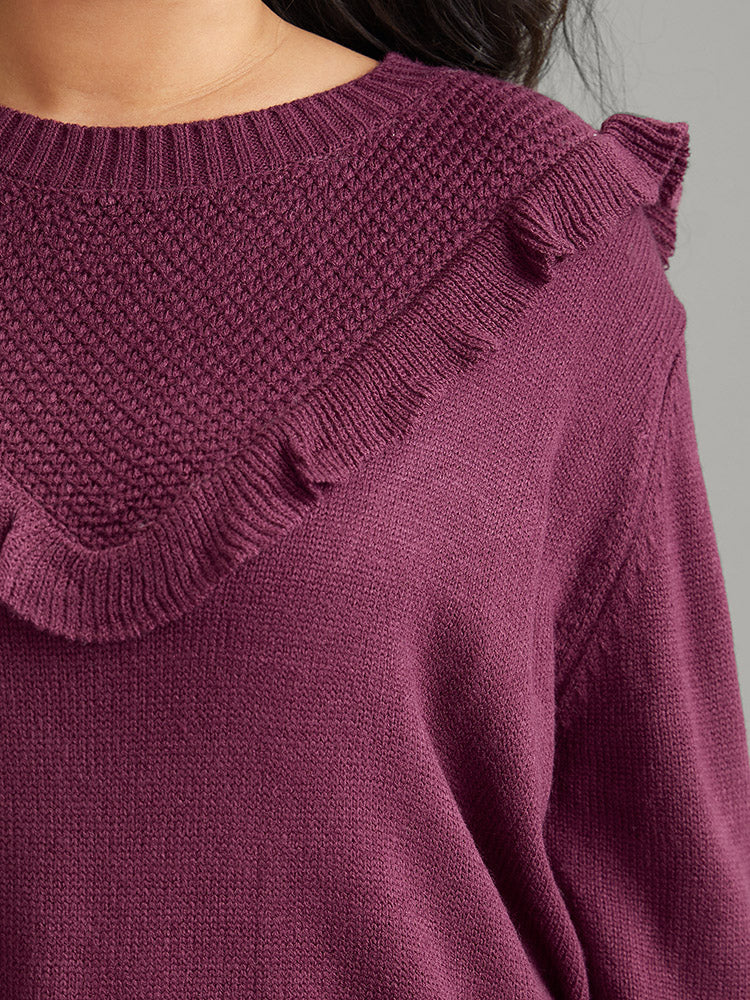 Solid Flutter Trim Plisse Loose Pullover