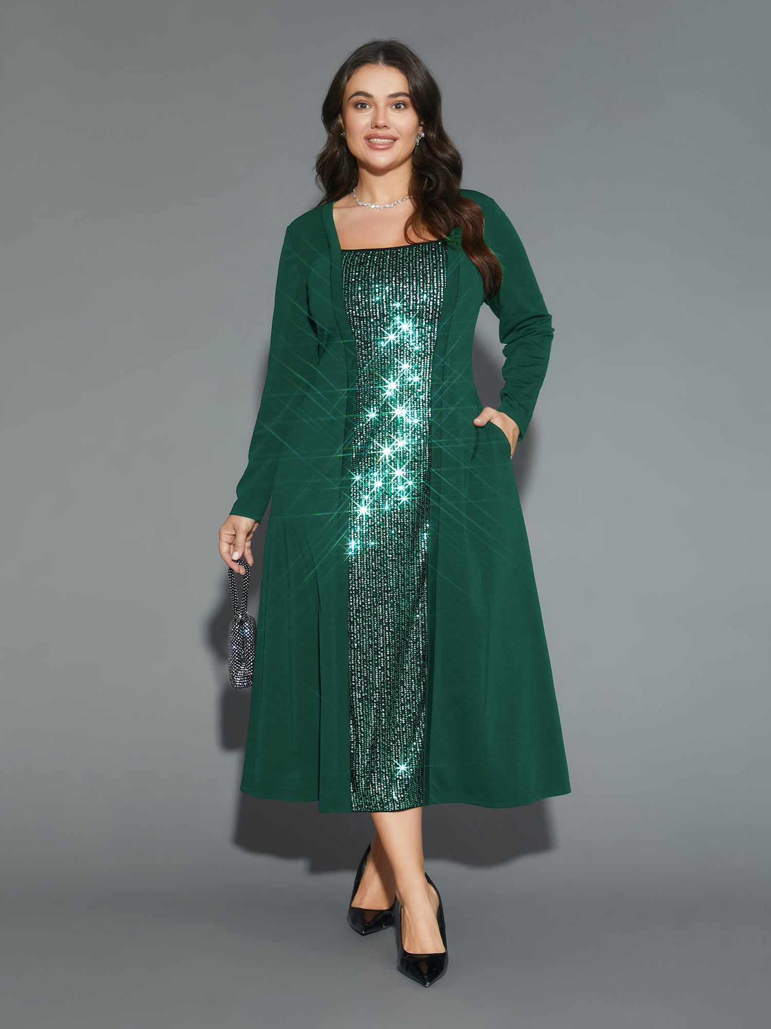 Sequin Patchwork Elastic Waist Midi Dress