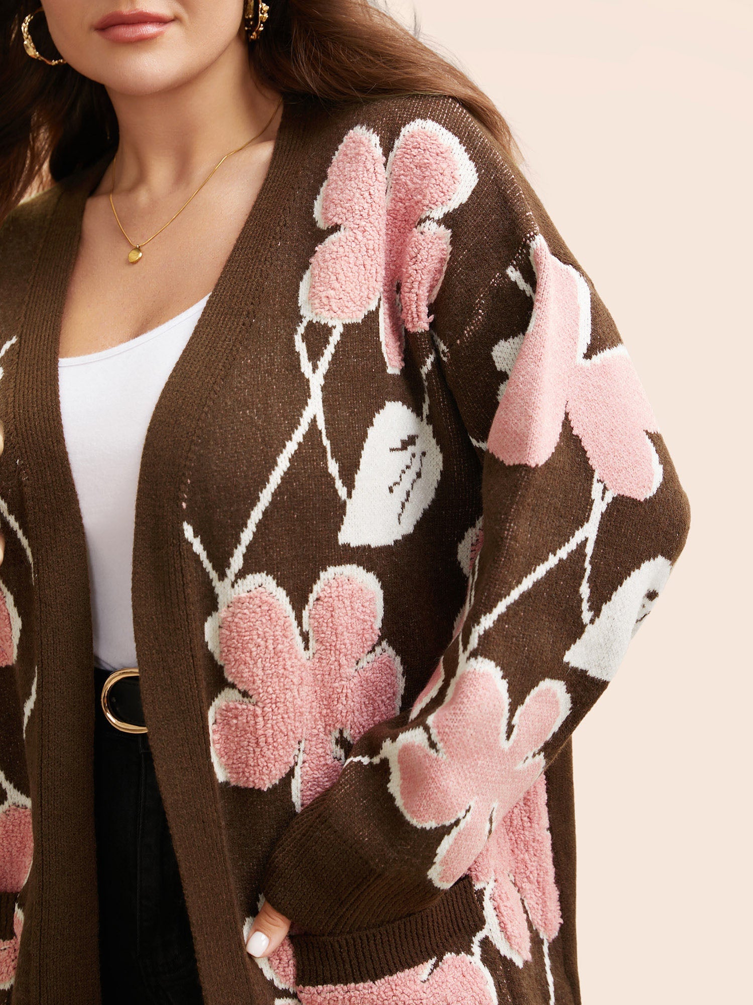 Floral Jacquard Open Front Pocket Cardigan
