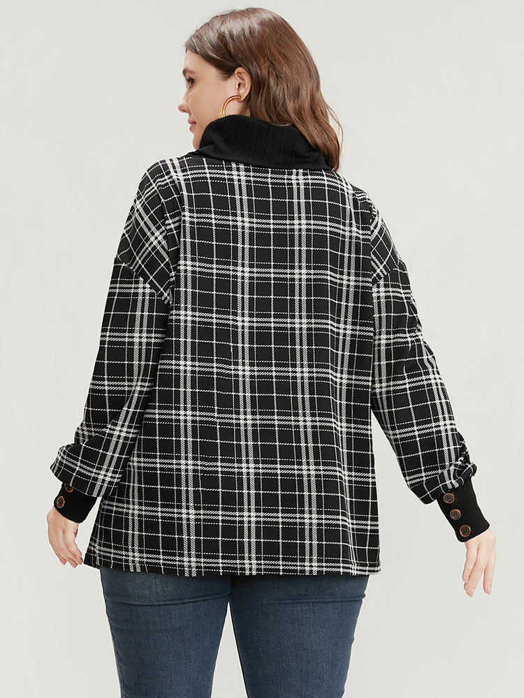 Plaid Patchwork Button Detail Funnel Neck Sweatshirt