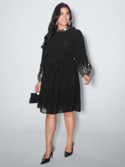 Sequin Embroidery Pockets Belted Midi Dress