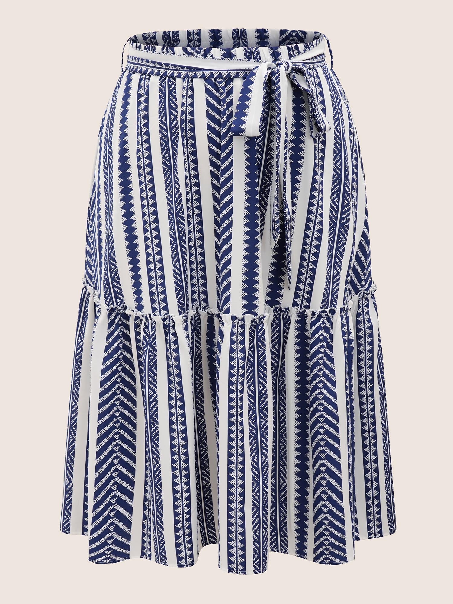 Bandana Geometric Belted Patchwork Ruffle Hem Skirt