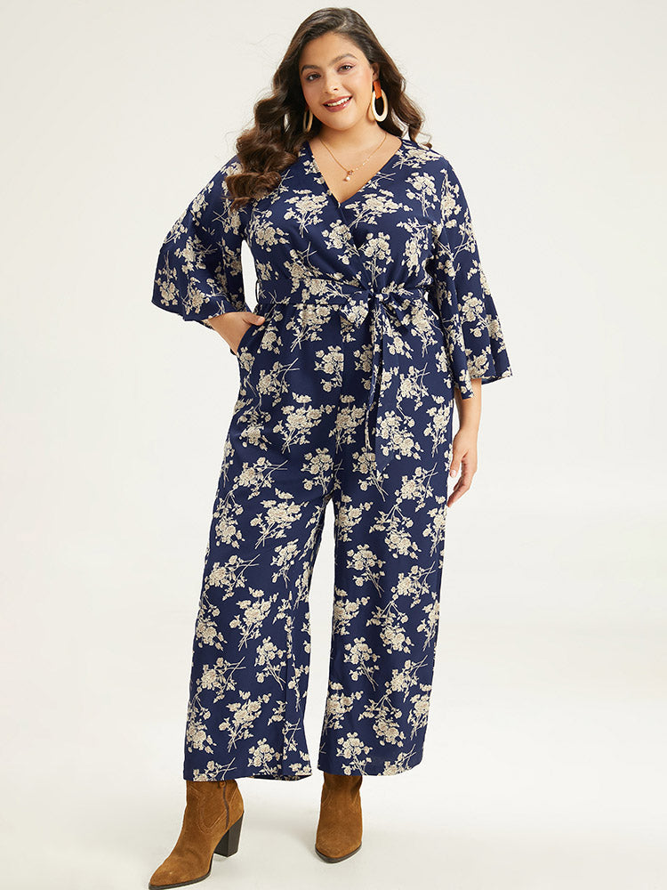 Floral Print Bell Sleeve Pocket Belted Jumpsuit