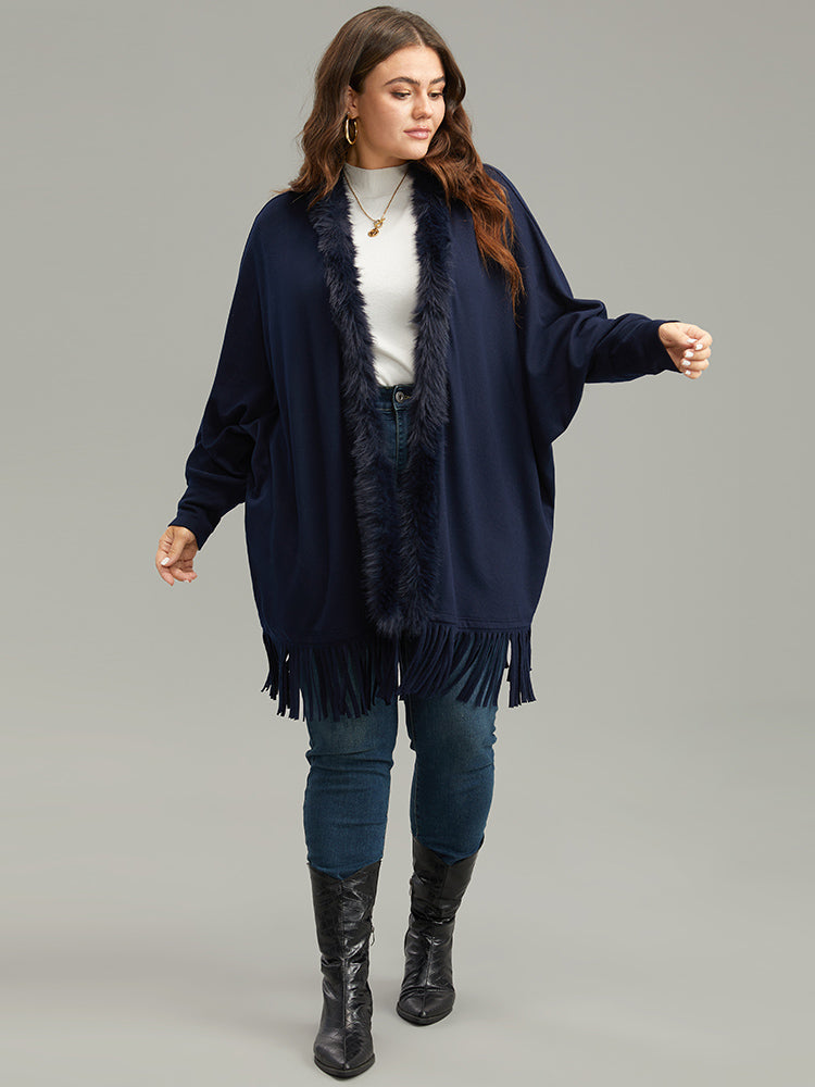 Plain Fringe Hem Fuzzy Trim Kimono