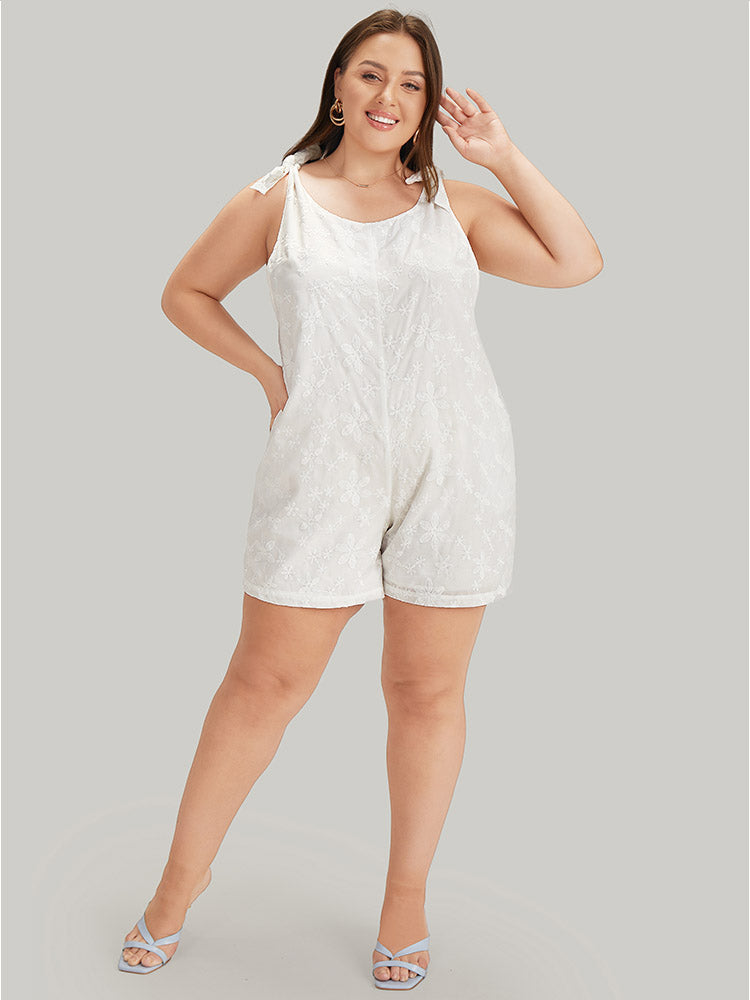 Solid Embroidered Knot Pocket Overall Romper