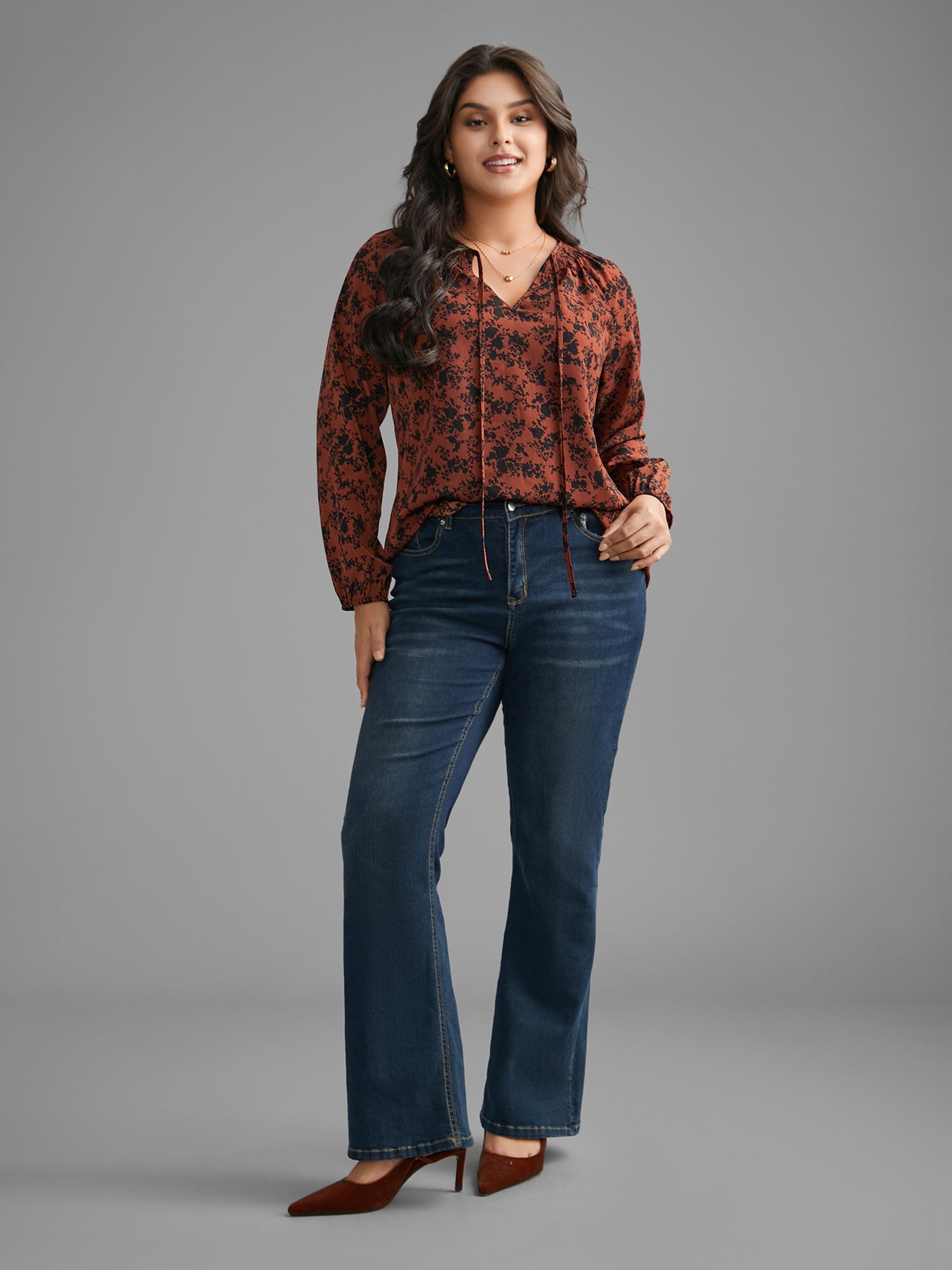 Silhouette Floral Print Shirred Gathered Blouse