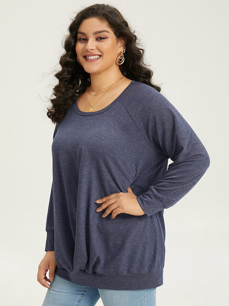 Solid Plicated Detail Raglan Sleeve Sweatshirt