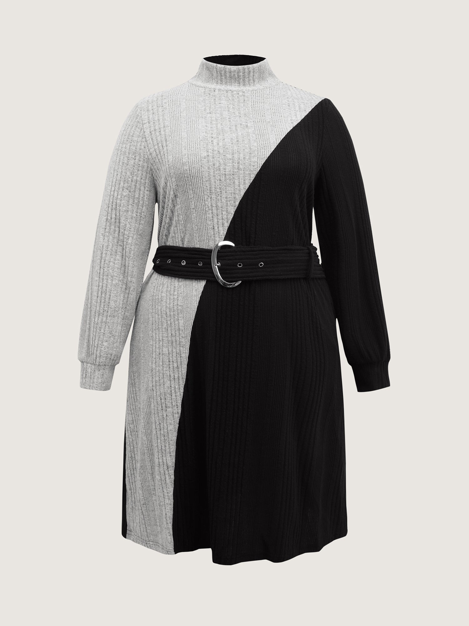 Colorblock Belted Ribbed Midi Dress