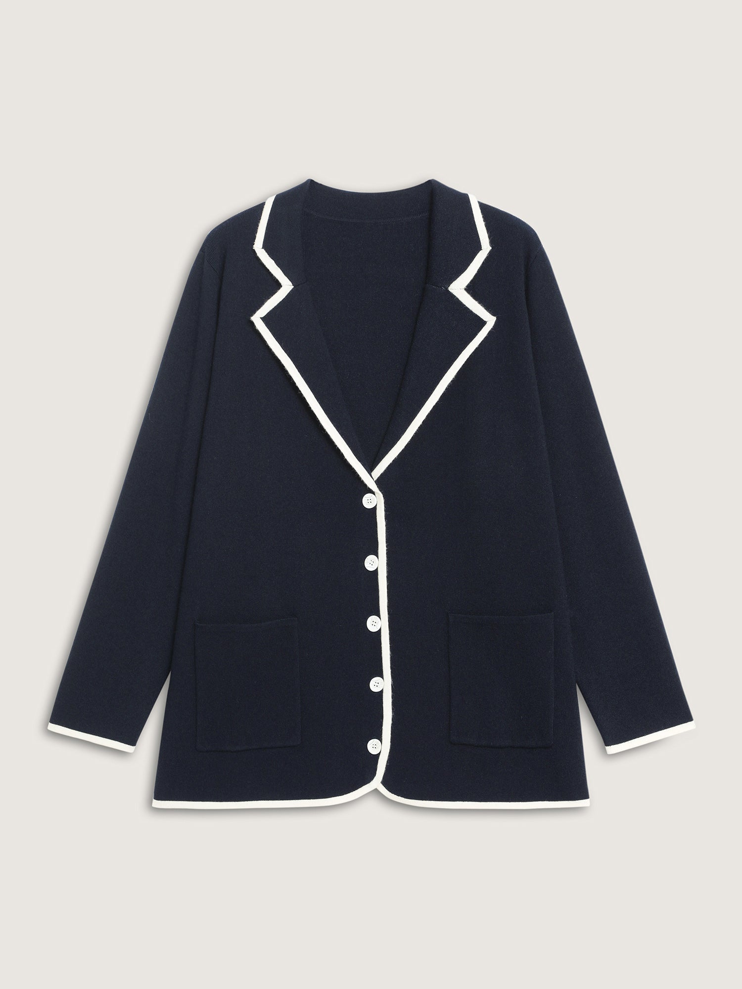 Blazer Collar Pockets Color Contrast Knit Cardigan