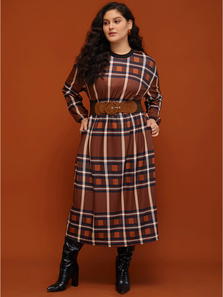 Plaid Patchwork Round Neck Lantern Sleeve Pocket Midi Dress