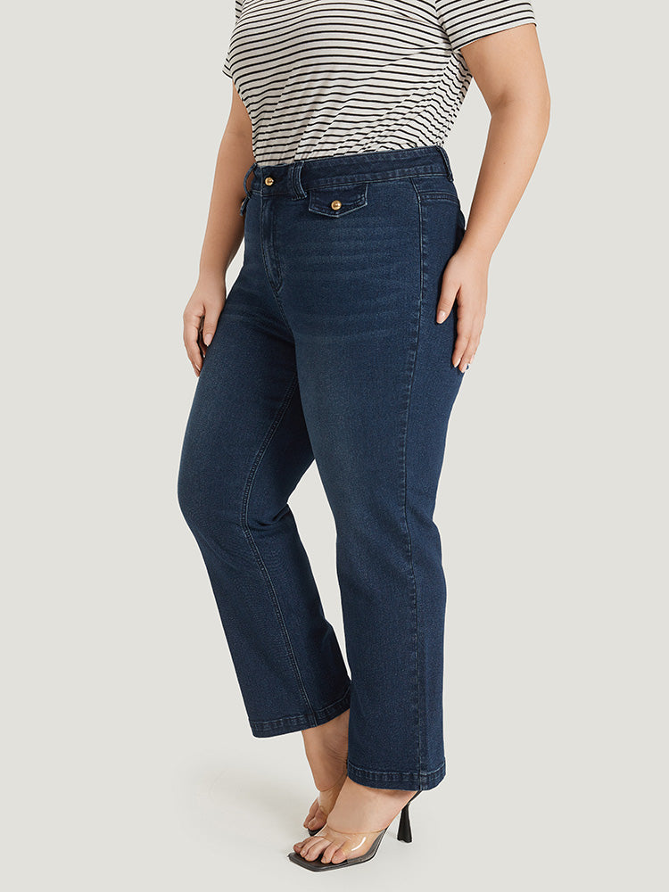 Plain Button Detail High Rise Dark Wash Jeans