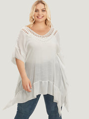 Solid Ruffle Trim Dolman Sleeve Lace Asymmetrical Hem Knit Top