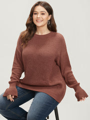 Solid Pointelle Knit Round Neck Bell Sleeve Knit Top