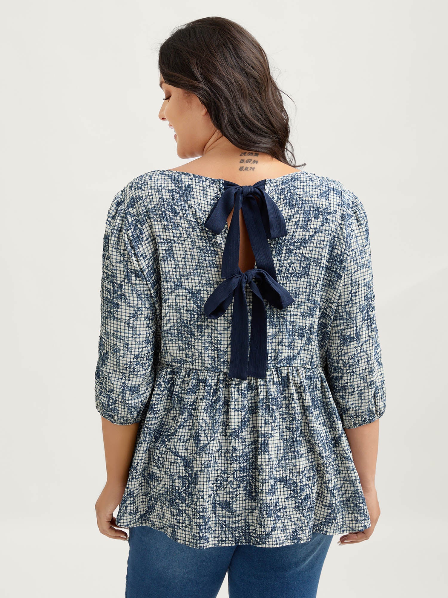 Check Toile de Jouy Shirred Pattern Blouse