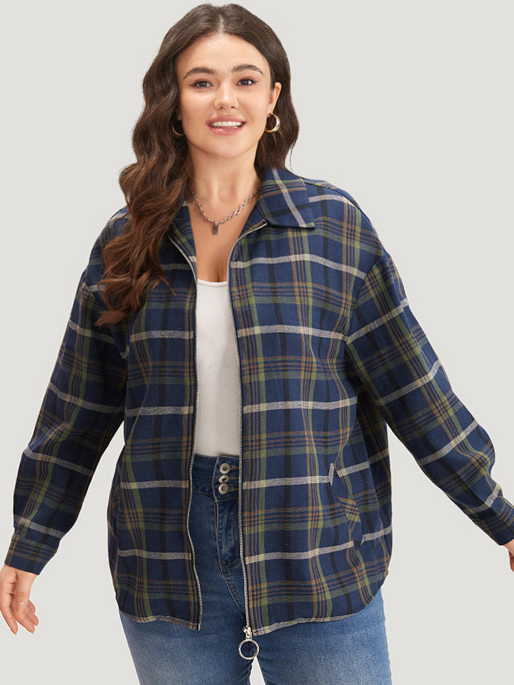 Plaid Lapel Collar Pocket Zipper Fly Coat