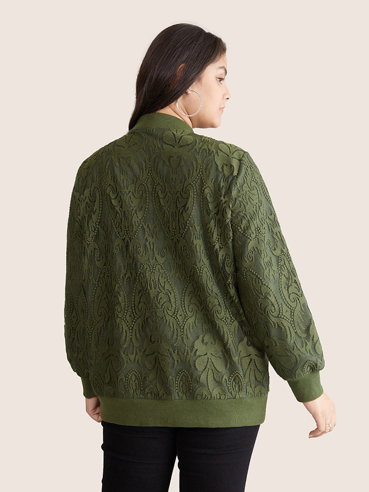 Silhouette Floral Print Zipper Lace Panel Jacket