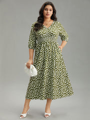 Geometric Print V Neck Shirred Dress
