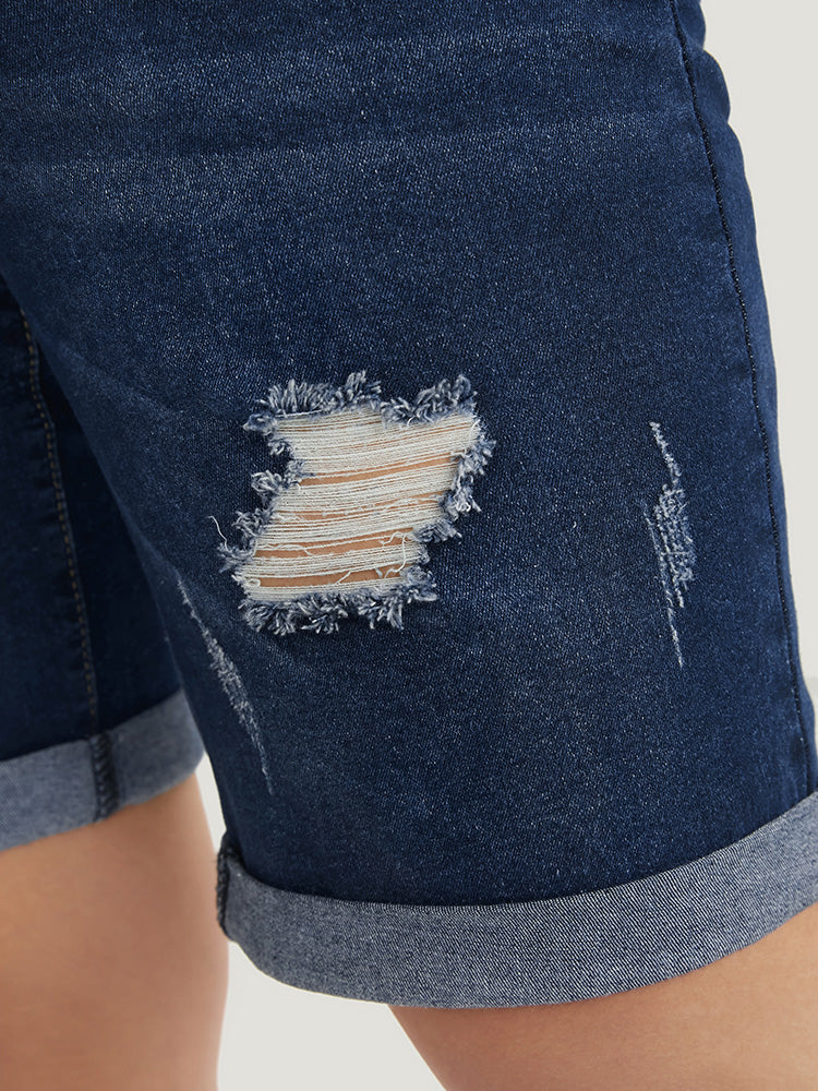 Slightly Stretchy High Rise Dark Wash Distressed Denim Shorts