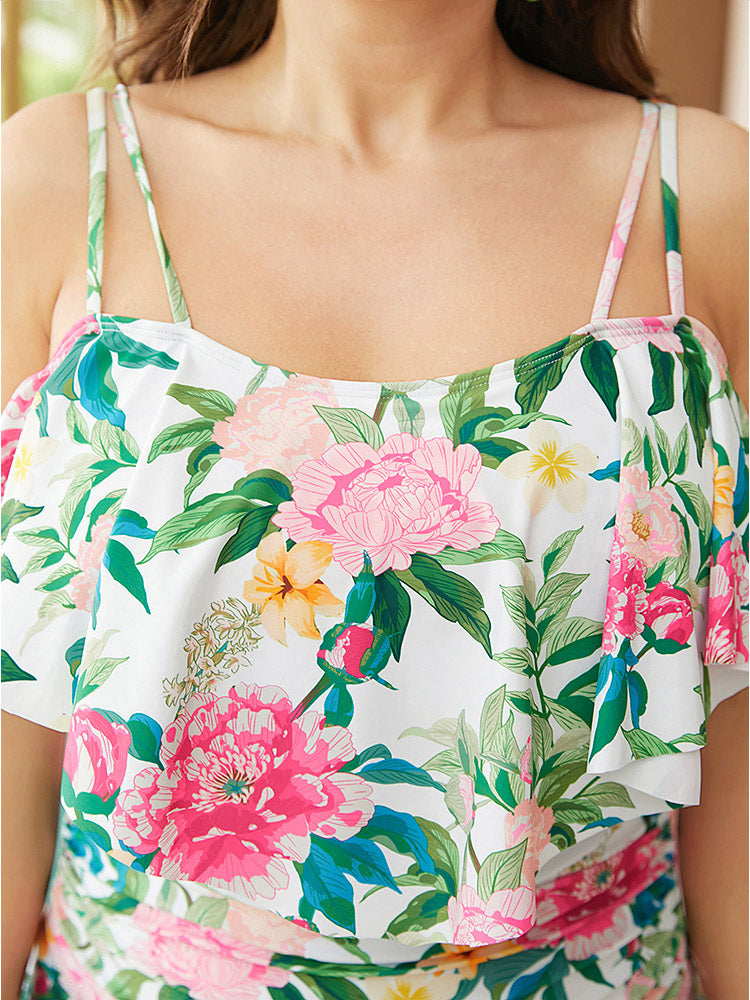 Floral Ruched Detail Ruffle Trim Cami One Piece Swimsuit