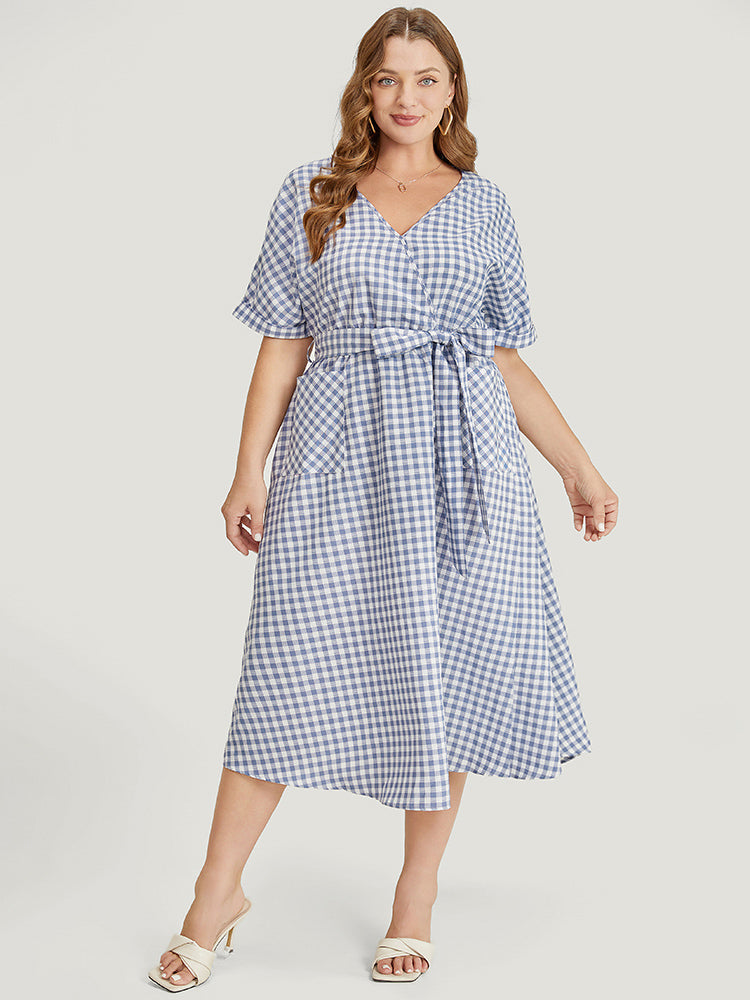 Gingham Print Roll Batwing Sleeve Belt Pocket Wrap Dress