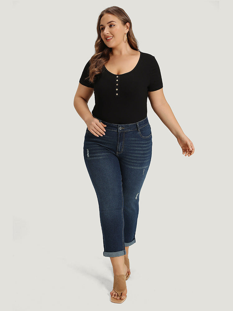 Solid Ripped Pocket Roll Hem Jeans