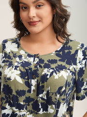 Silhouette Flower Button Placket Jersey Top