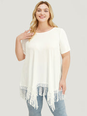 Solid Round Neck Lace Fringe Hem T-shirt