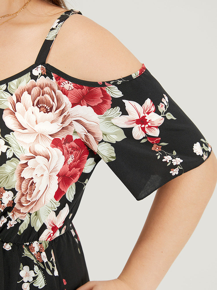 Floral Print Pocket Asymmetrical Hem Cold Shoulder Dress