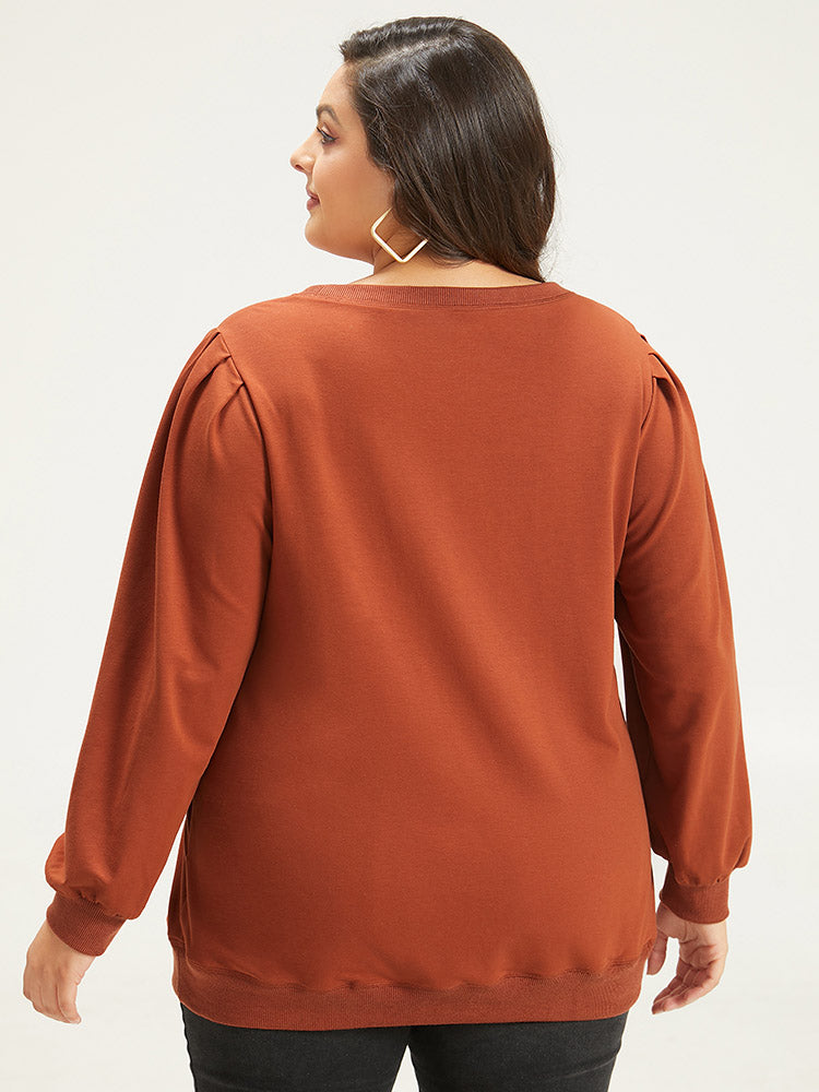 Solid Pleated Detail Elastic Cuffs Sweatshirt