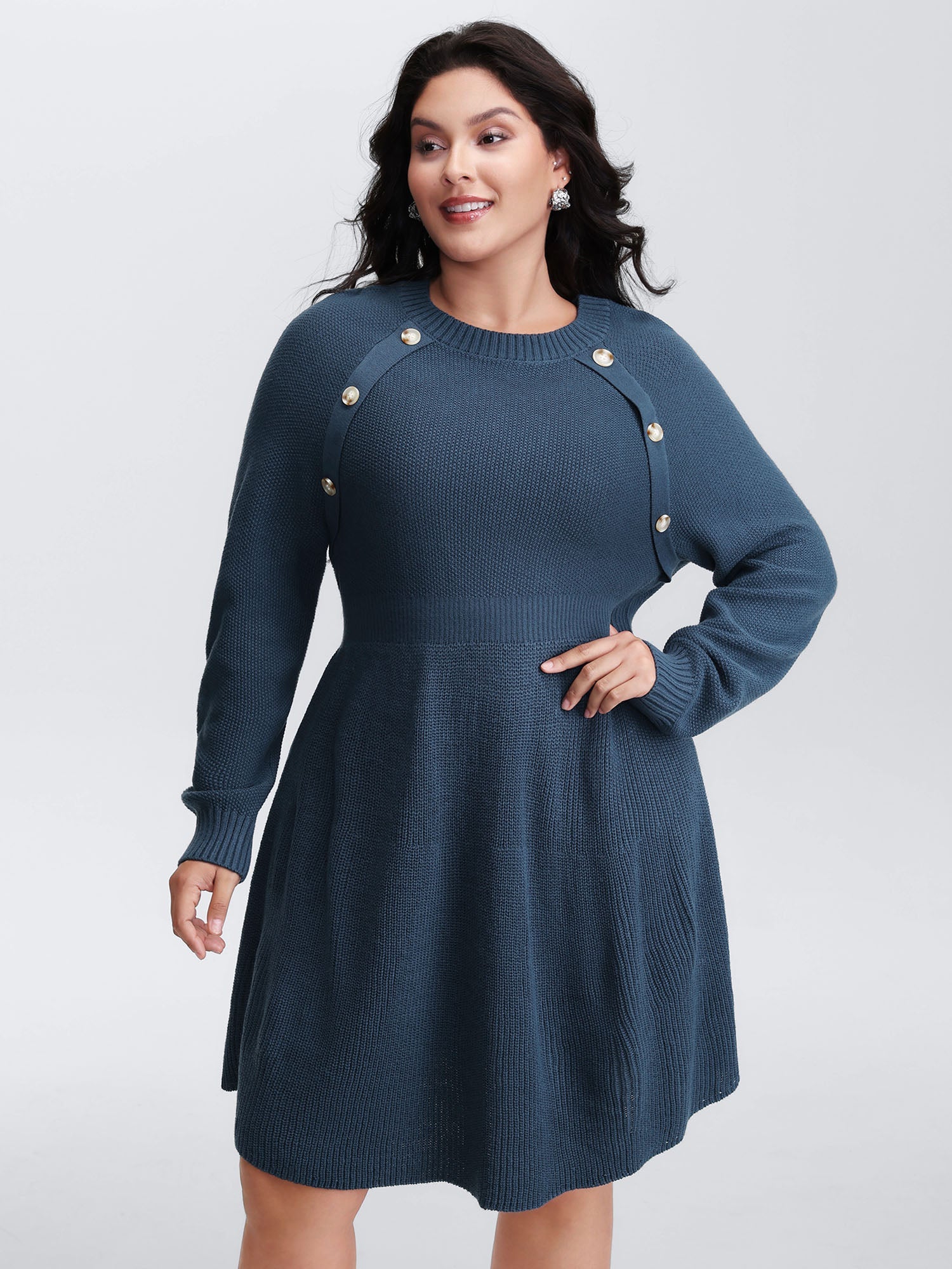 Textured Stretchy Waist Button Sweater Knee-Length Dress