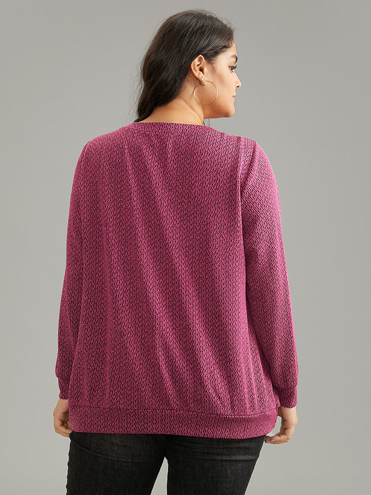 Solid Plisse Elastic Cuffs V Neck Sweatshirt