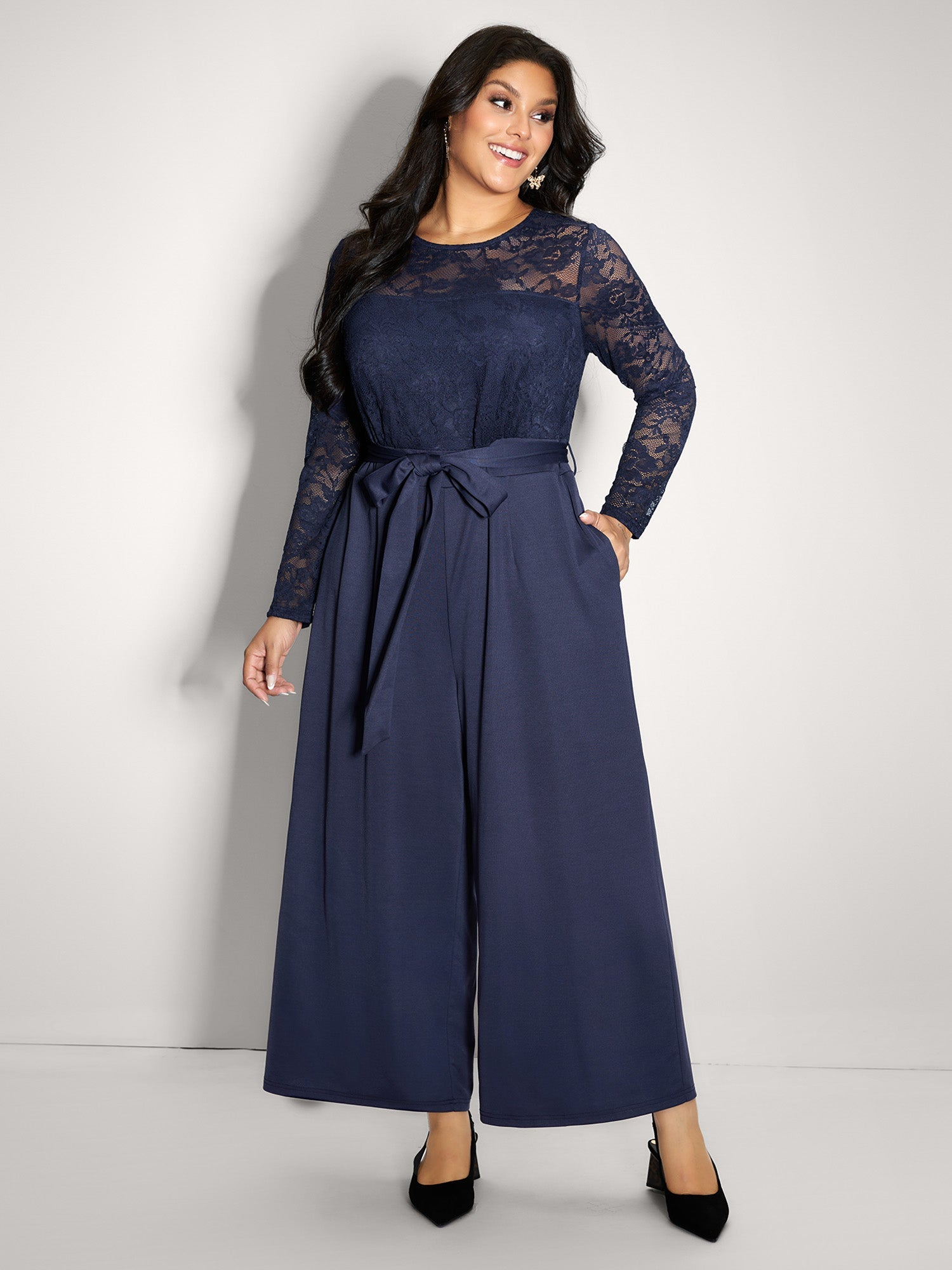 Sheer Lace Trim Belted Pockets Jumpsuit