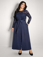 Sheer Lace Trim Belted Pockets Jumpsuit