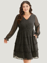 Geometric Shirred Mesh Frill Trim Dress